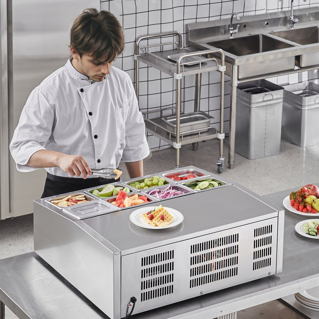 Šaldoma ingredientų vitrina VEVOR D27TW-G, 8 x GN 1/6 indai