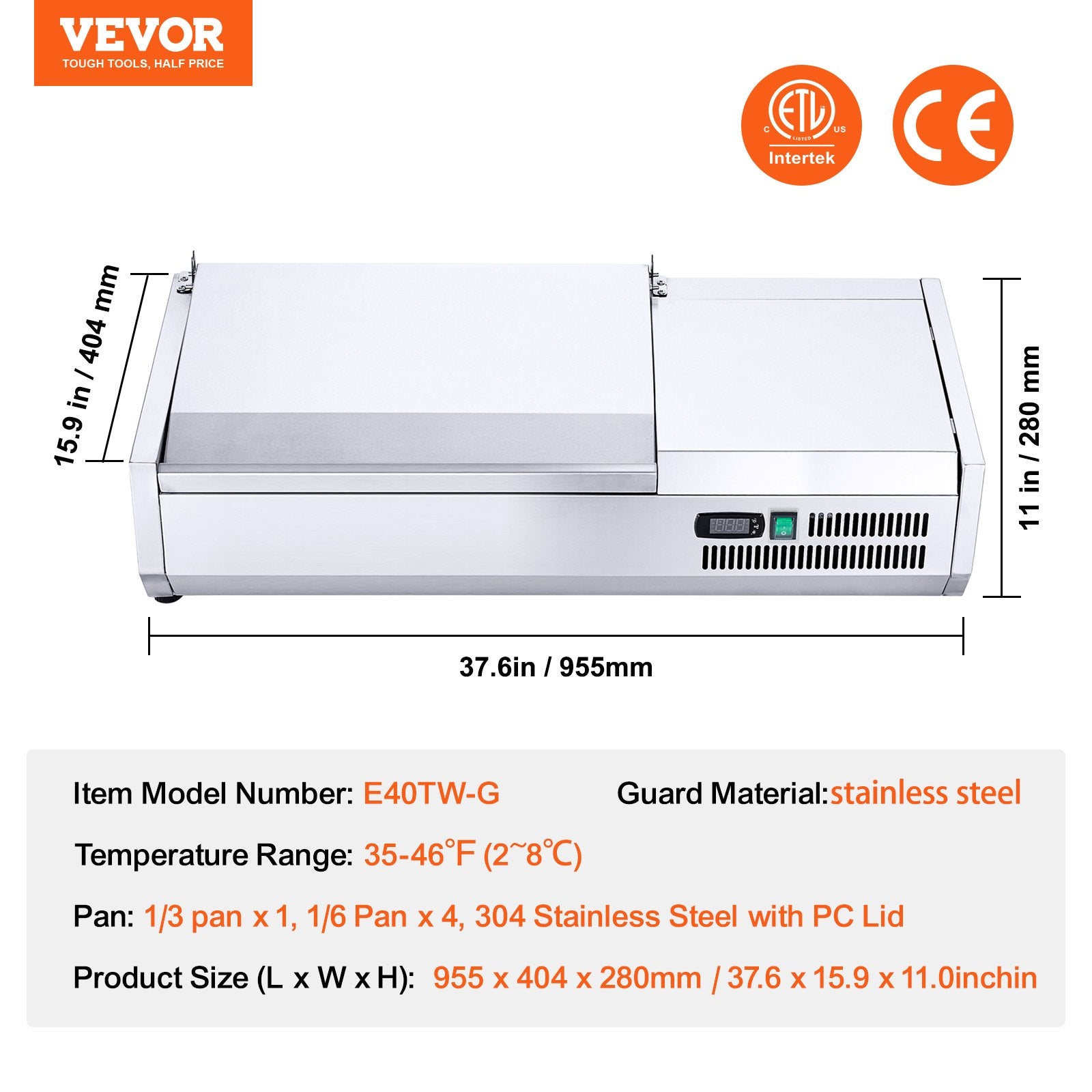 Šaldoma ingredientų vitrina VEVOR D40TW-G, 140 W