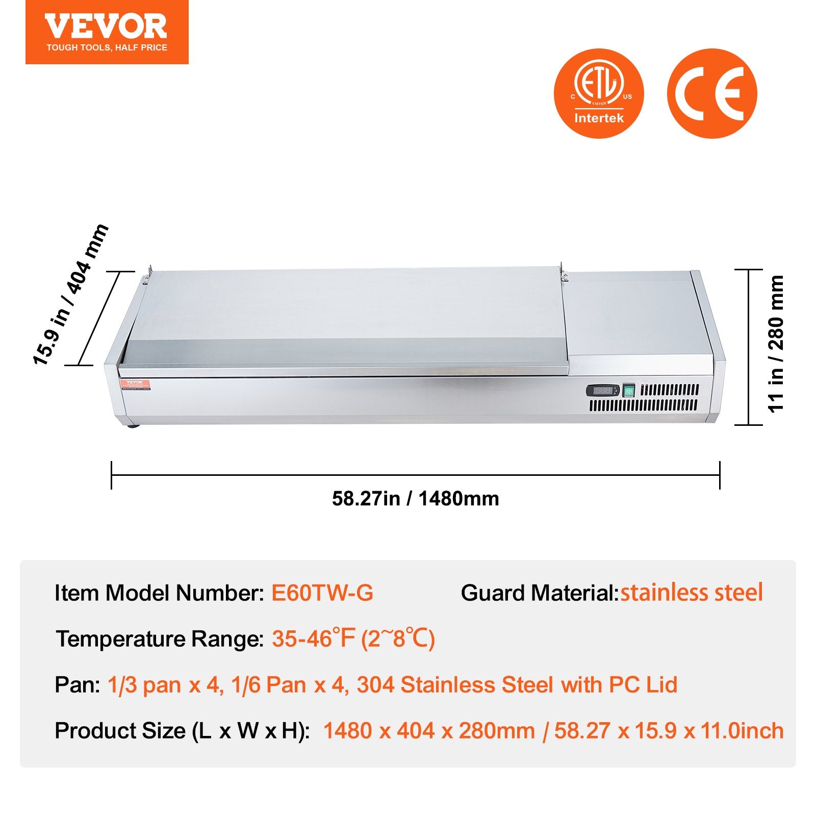 Šaldoma ingredientų vitrina VEVOR D60TW-G, 155 W
