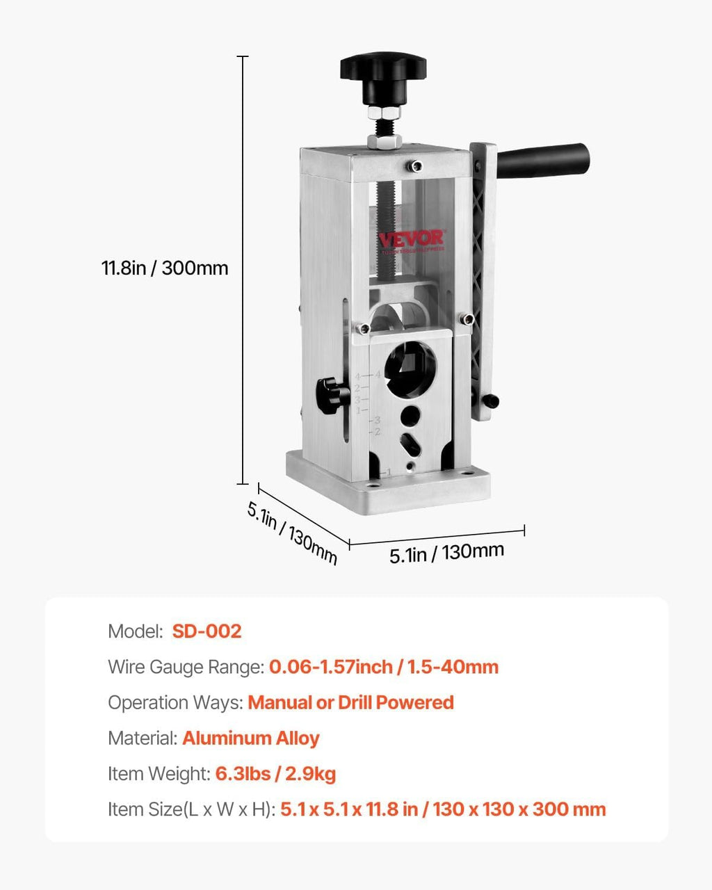 Rankinė laidų izoliacijos nuėmimo mašina VEVOR SD-002, 1,5–40 mm