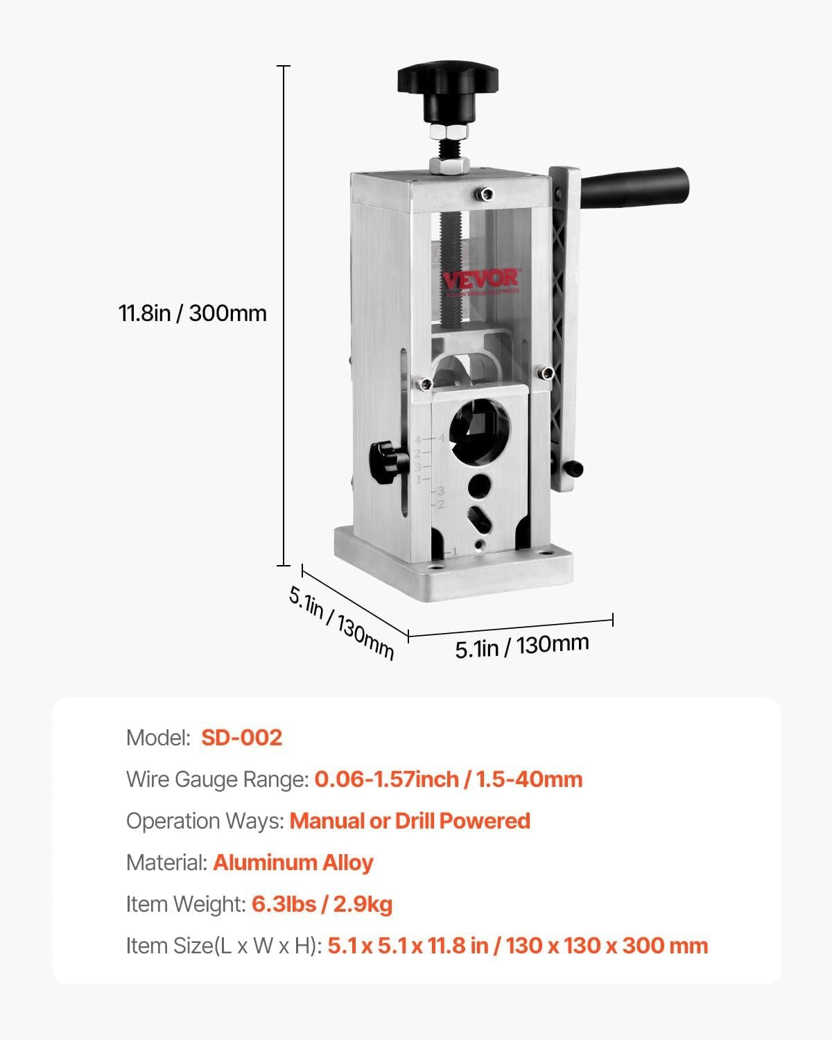 Rankinė laidų izoliacijos nuėmimo mašina VEVOR SD-002, 1,5–40 mm