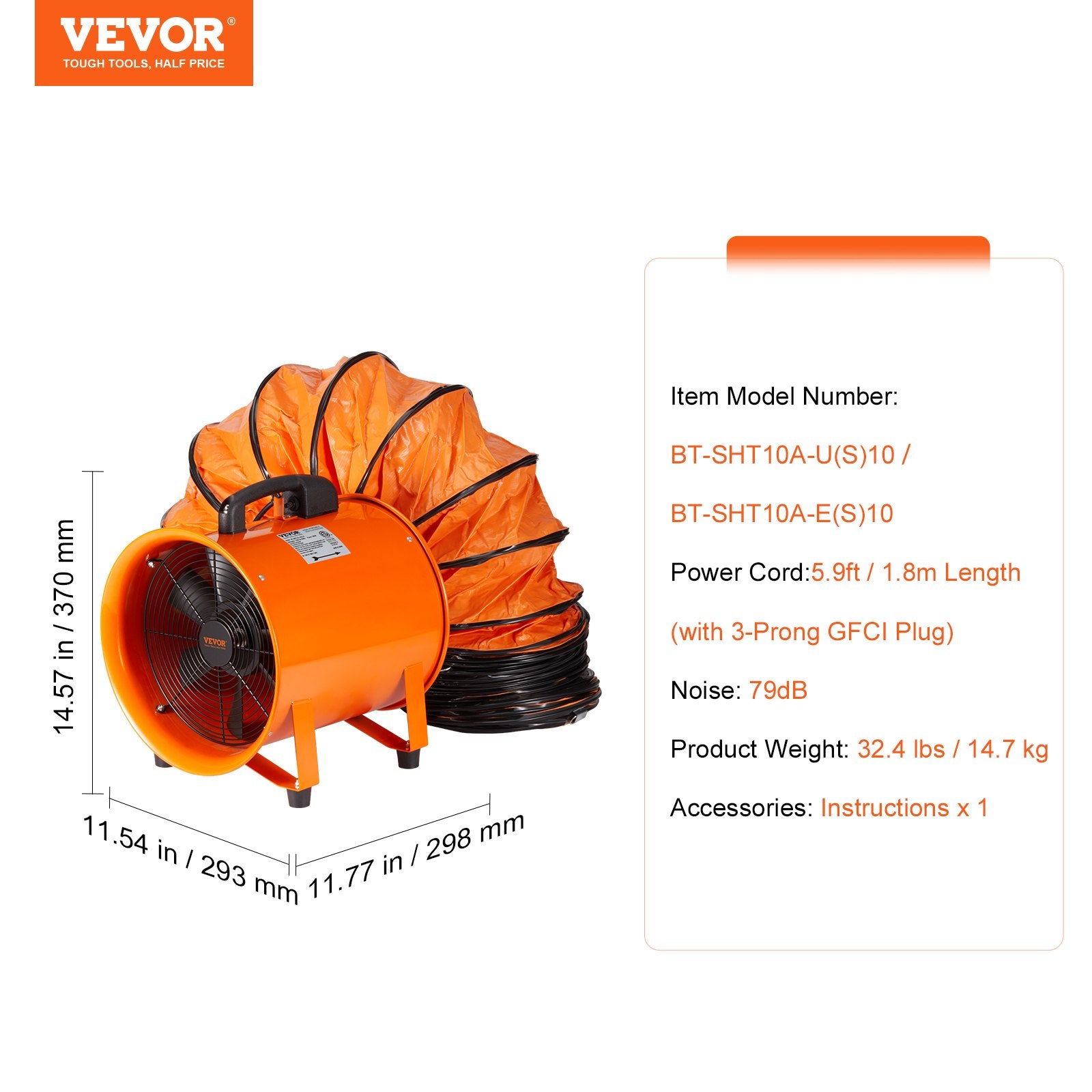 Nešiojamas ventiliatorius VEVOR BT-SHT10A-U(S)10, 255 W