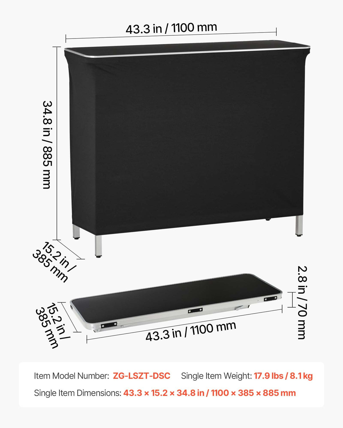 Sulankstomas baro stalas VEVOR ZG-LSZT-DSC, 1100 x 385 x 885 mm