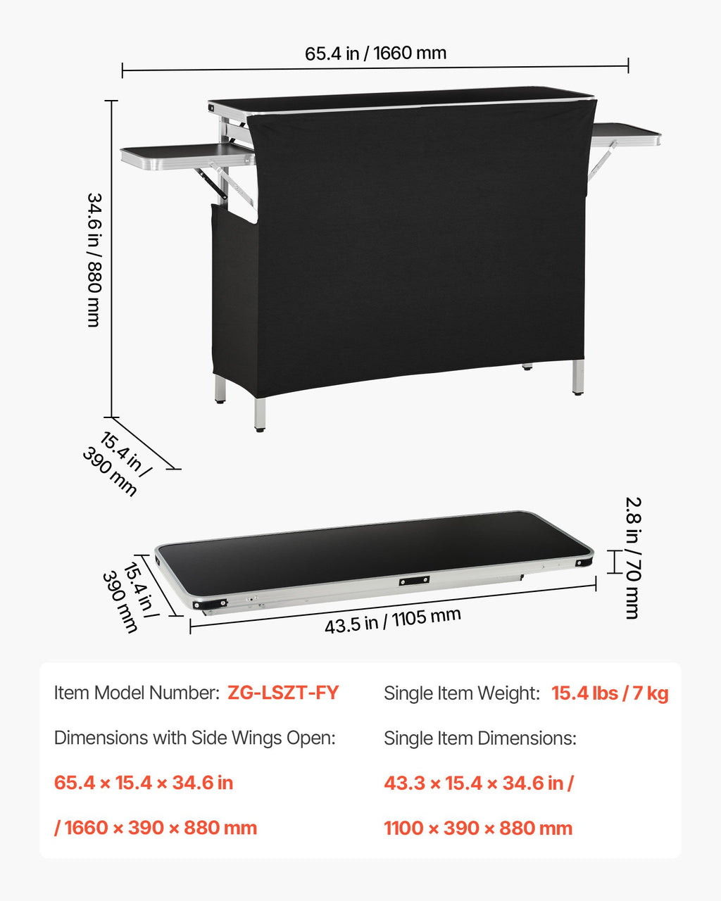 Sulankstomas baro stalas VEVOR ZG-LSZT-FY, 1100 x 390 x 880 mm