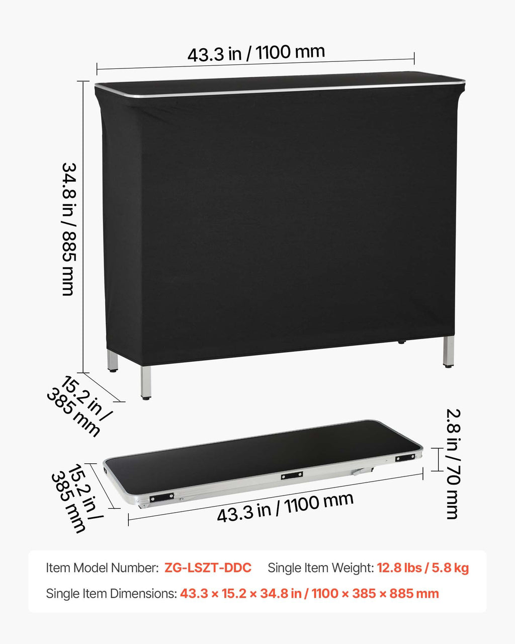 Sulankstomas baro stalas VEVOR ZG-LSZT-DDC, 1100 x 385 x 885 mm
