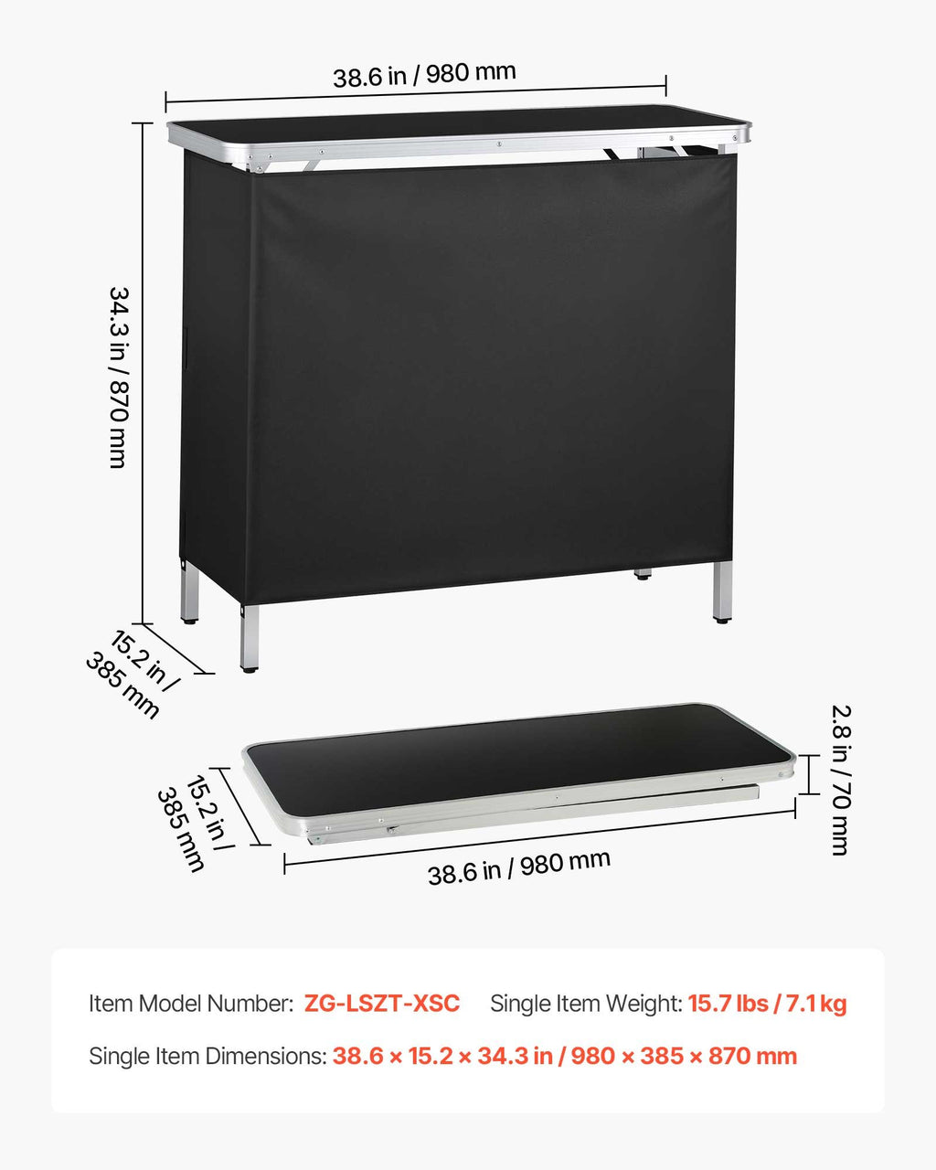 Sulankstomas baro stalas VEVOR ZG-LSZT-XSC, 980 x 385 x 870 mm