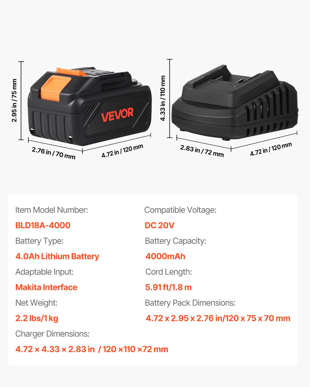 Akumuliatoriaus ir įkroviklio komplektas VEVOR BLD18A-4000, 20V 4.0Ah