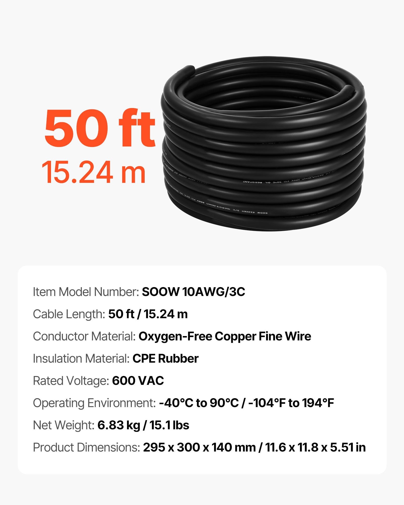Elektros maitinimo kabelis VEVOR SOOW 10AWG/3C, 15,24 m