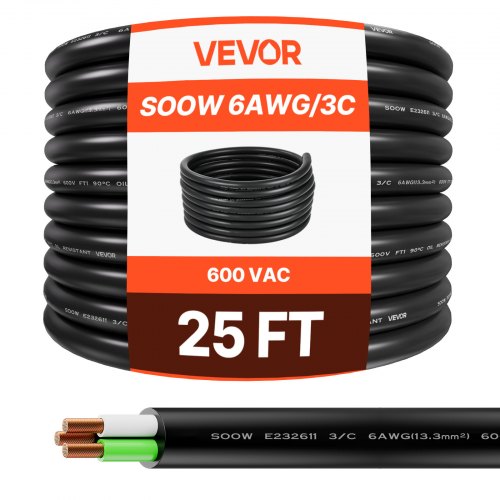 Elektros maitinimo kabelis VEVOR SOOW 6AWG/3C, 7,62 m