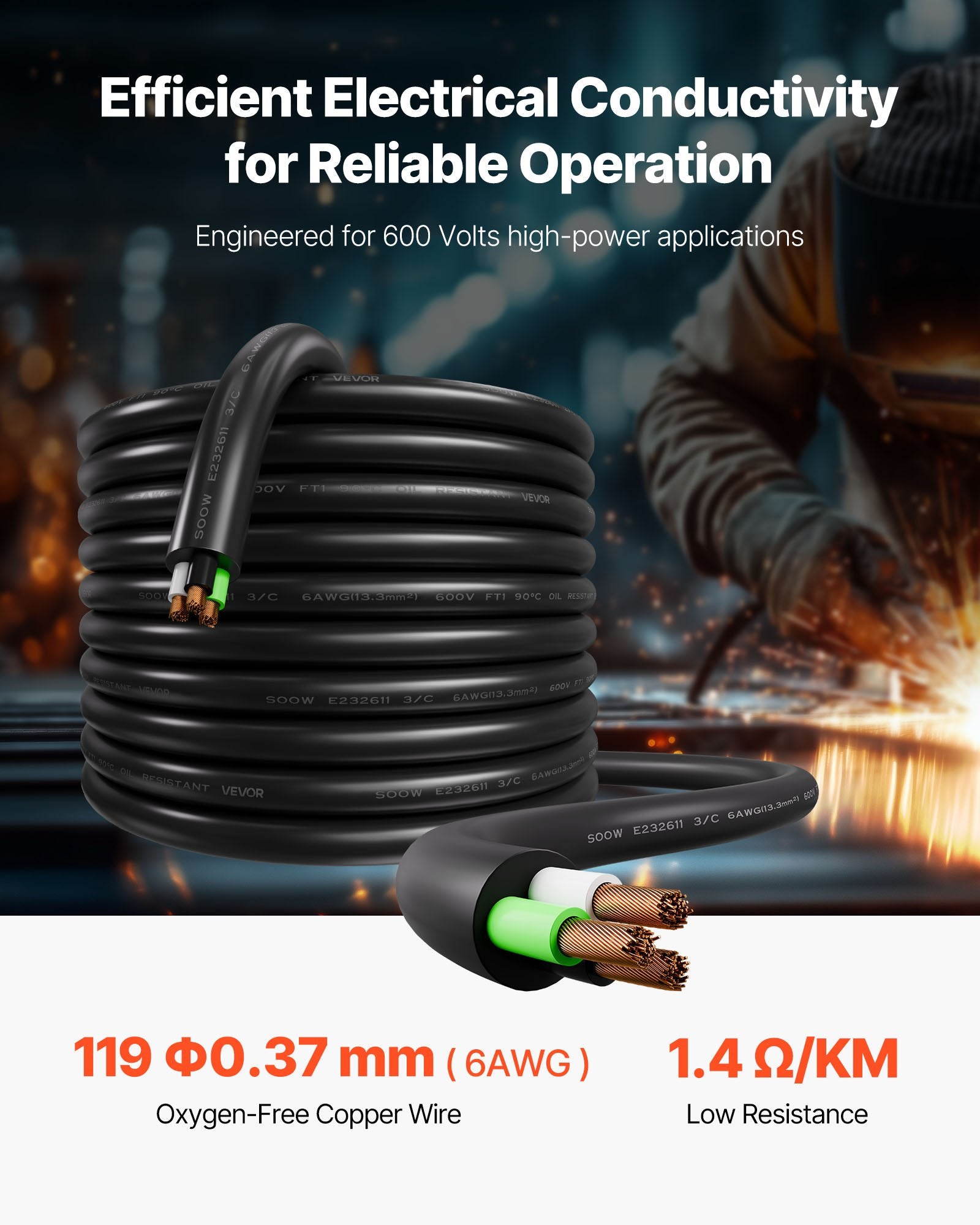 Elektros maitinimo kabelis VEVOR SOOW 6AWG/3C, 7,62 m
