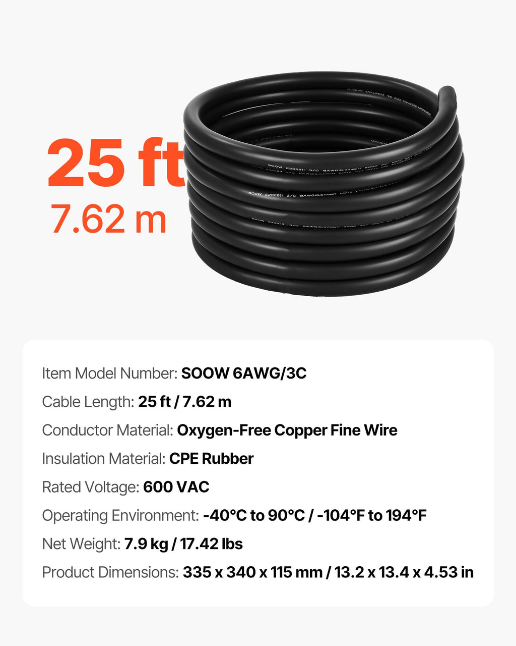 Elektros maitinimo kabelis VEVOR SOOW 6AWG/3C, 7,62 m