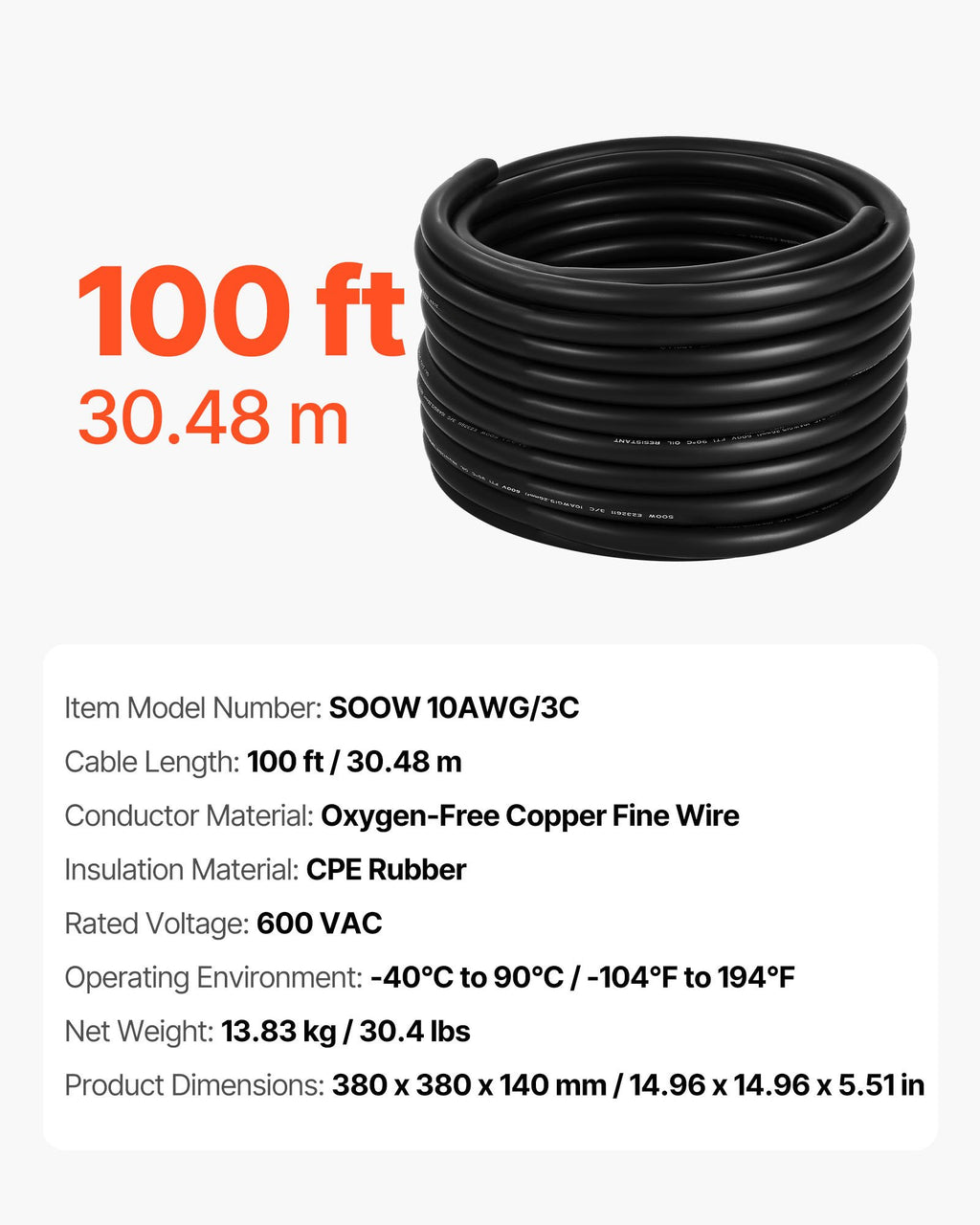 Elektros maitinimo kabelis VEVOR SOOW 10AWG/3C, 30,48 m