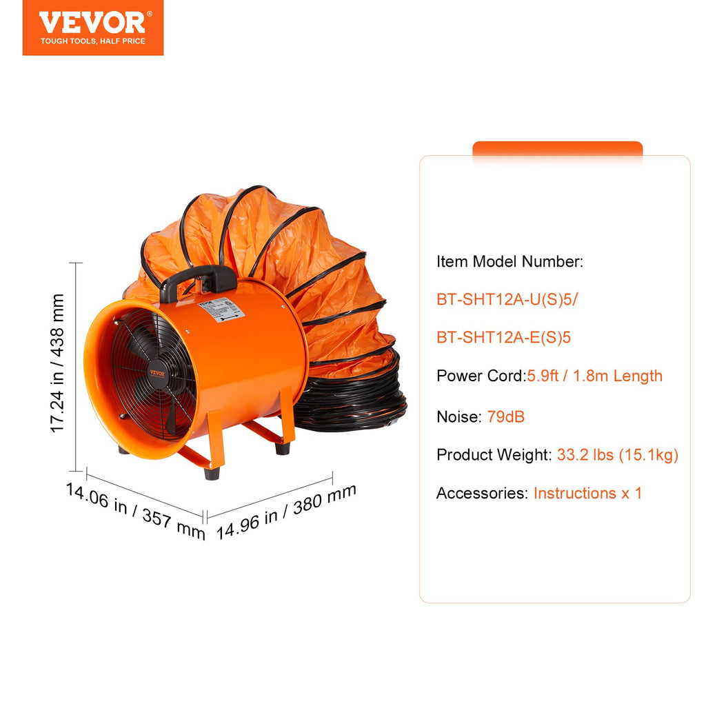 Nešiojamas pramoninis ventiliatorius VEVOR BT-SHT12A-U(S)5, 367 W