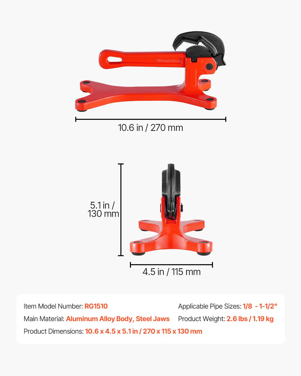 Nešiojami vamzdžių spaustuvai VEVOR RG1510, 1/8"–1-1/2" diapazonas