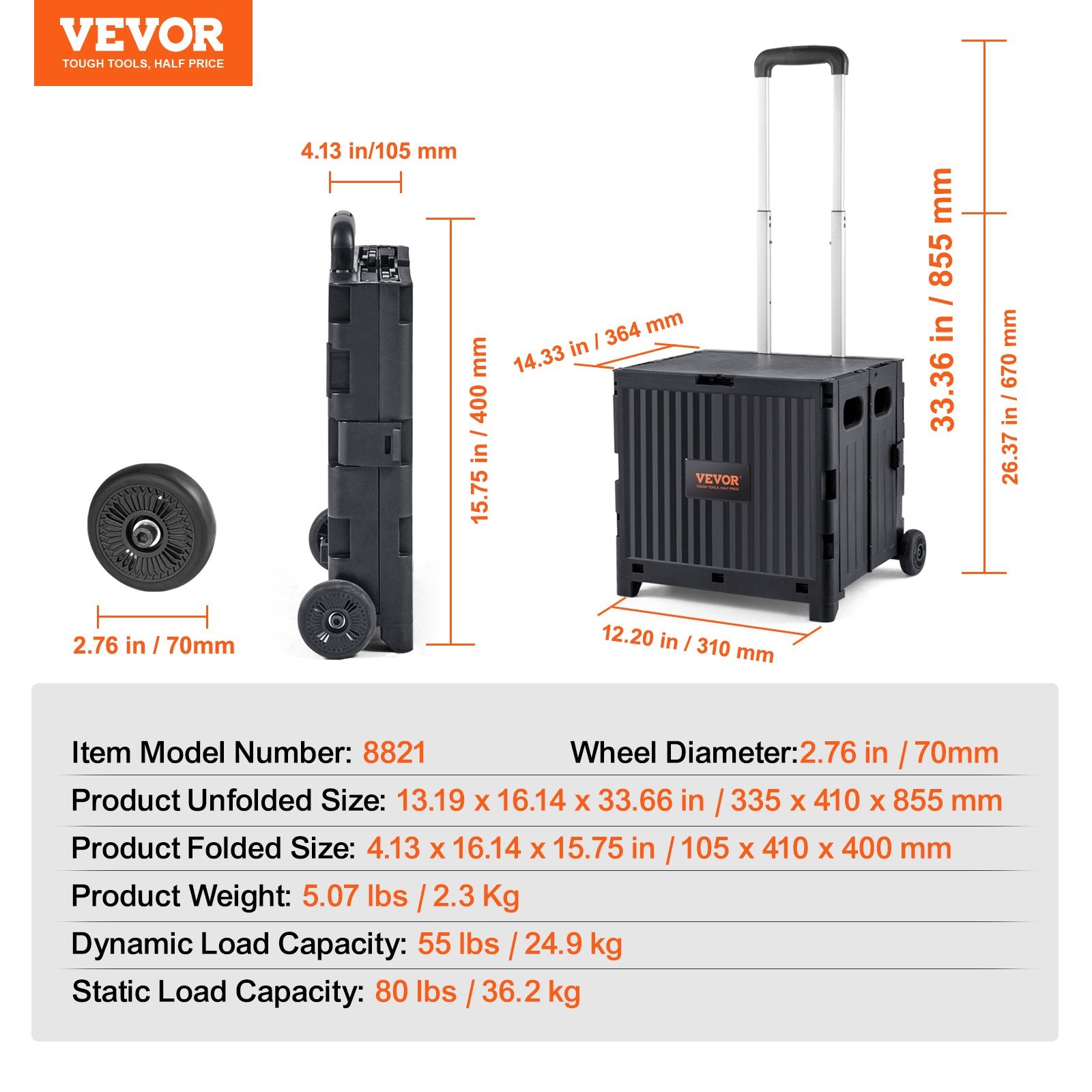 Sulankstomas transportavimo vežimėlis VEVOR 8821, 36 kg keliamoji galia