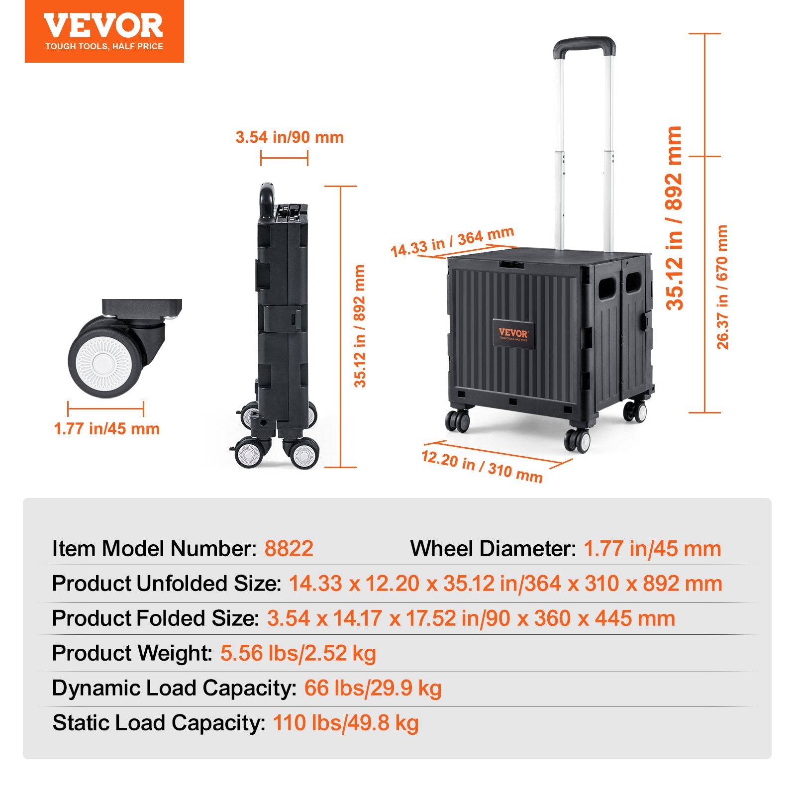 Sulankstomas transportavimo vežimėlis VEVOR 8822, 50 kg keliamoji galia