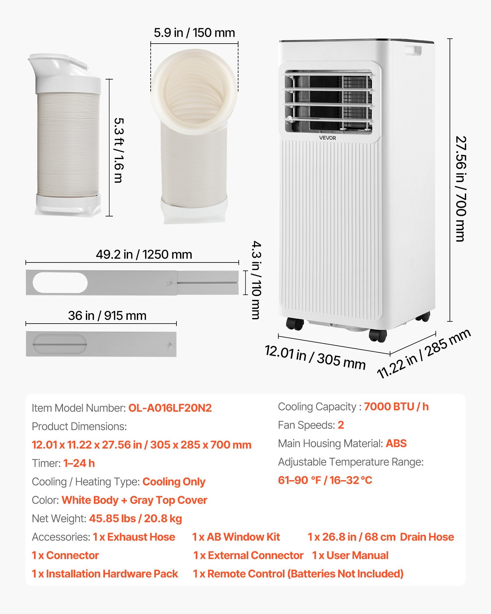 Mobilus oro kondicionierius VEVOR OL-A016LF20N2, 7000 BTU