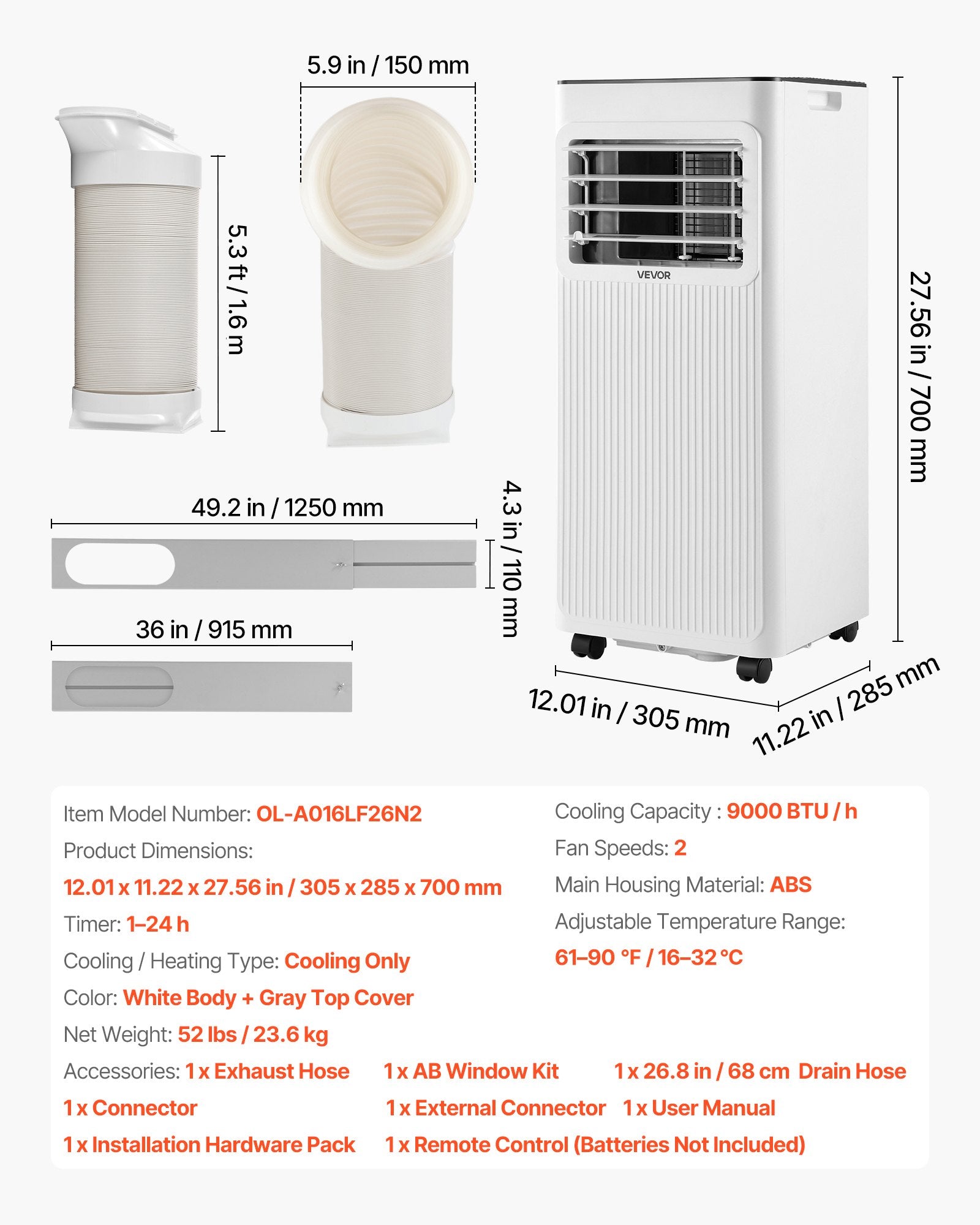 Mobilus oro kondicionierius VEVOR OL-A016LF26N2, 9000 BTU