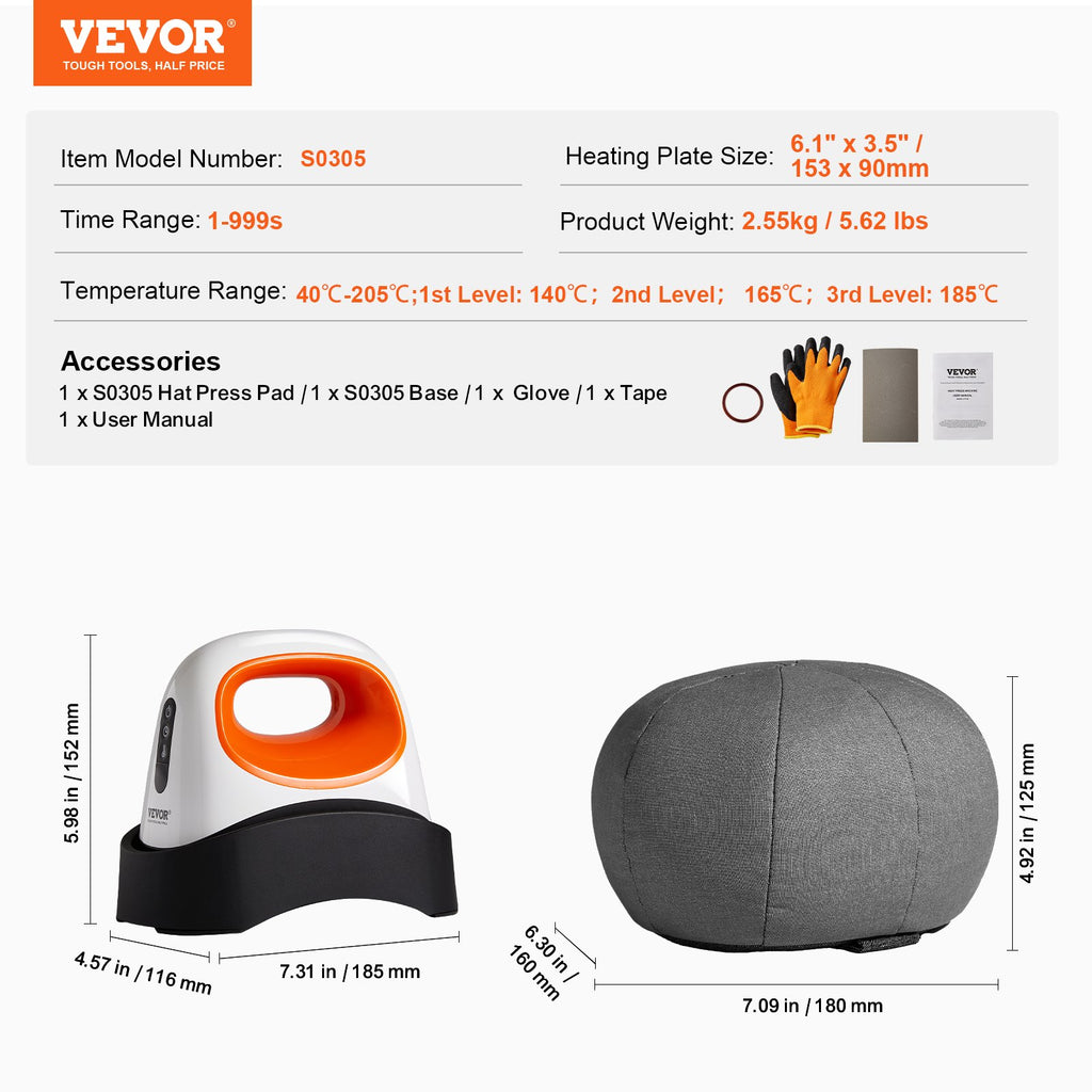 Kepurių termo presas VEVOR S0305, 153 x 90 mm kaitinimo plokštė