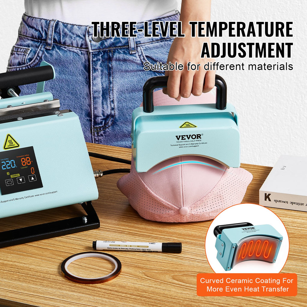 Termopresas puodeliams ir kepurėms VEVOR F1130, 2-in-1 funkcionalumas