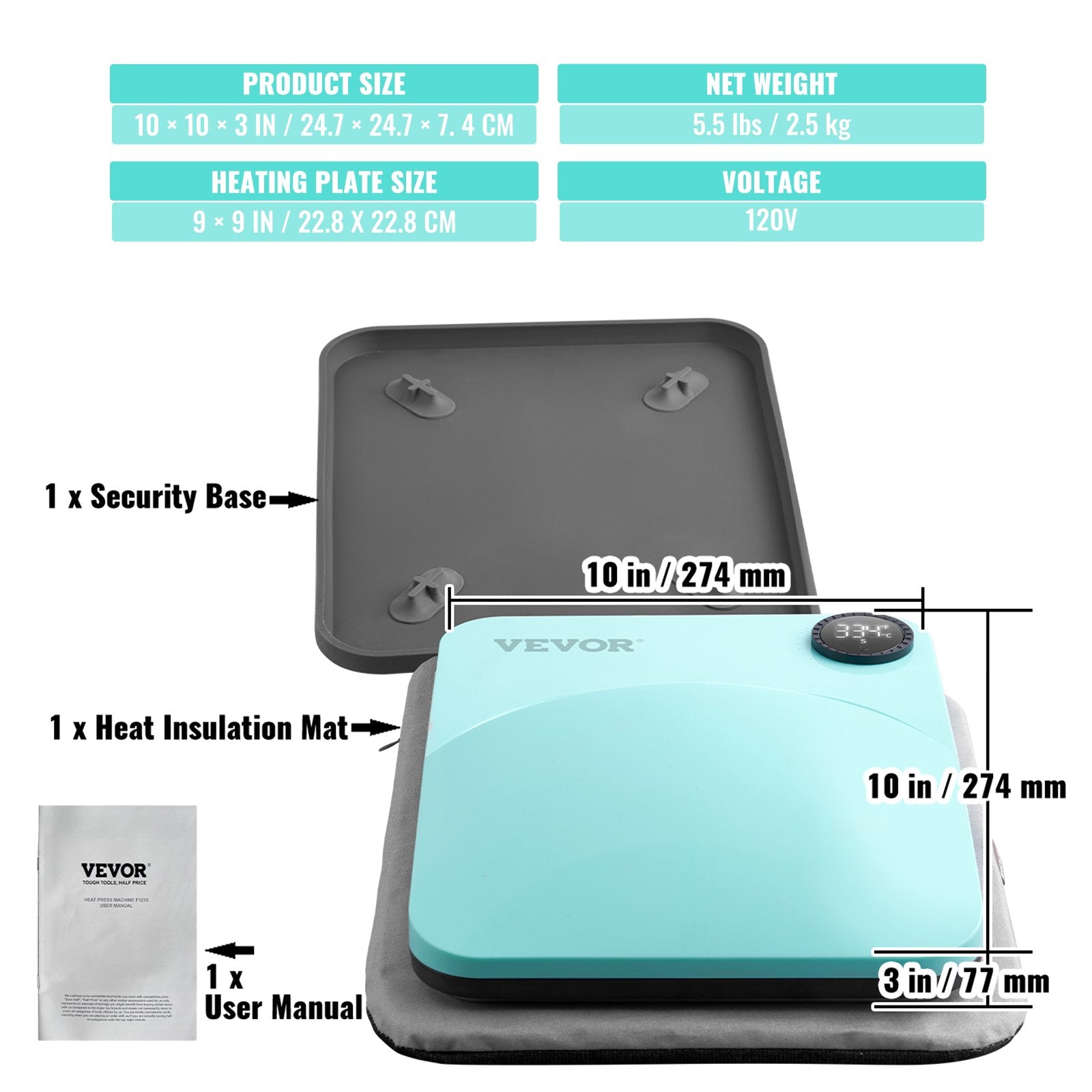 Karštas presas VEVOR Portable Easy Press, 22.9 x 22.9 cm