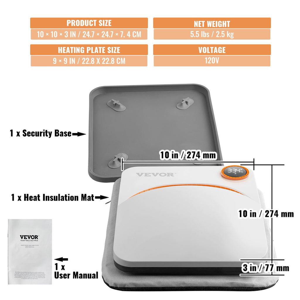 Termopresas VEVOR Easy Press, 22,8 x 22,8 cm