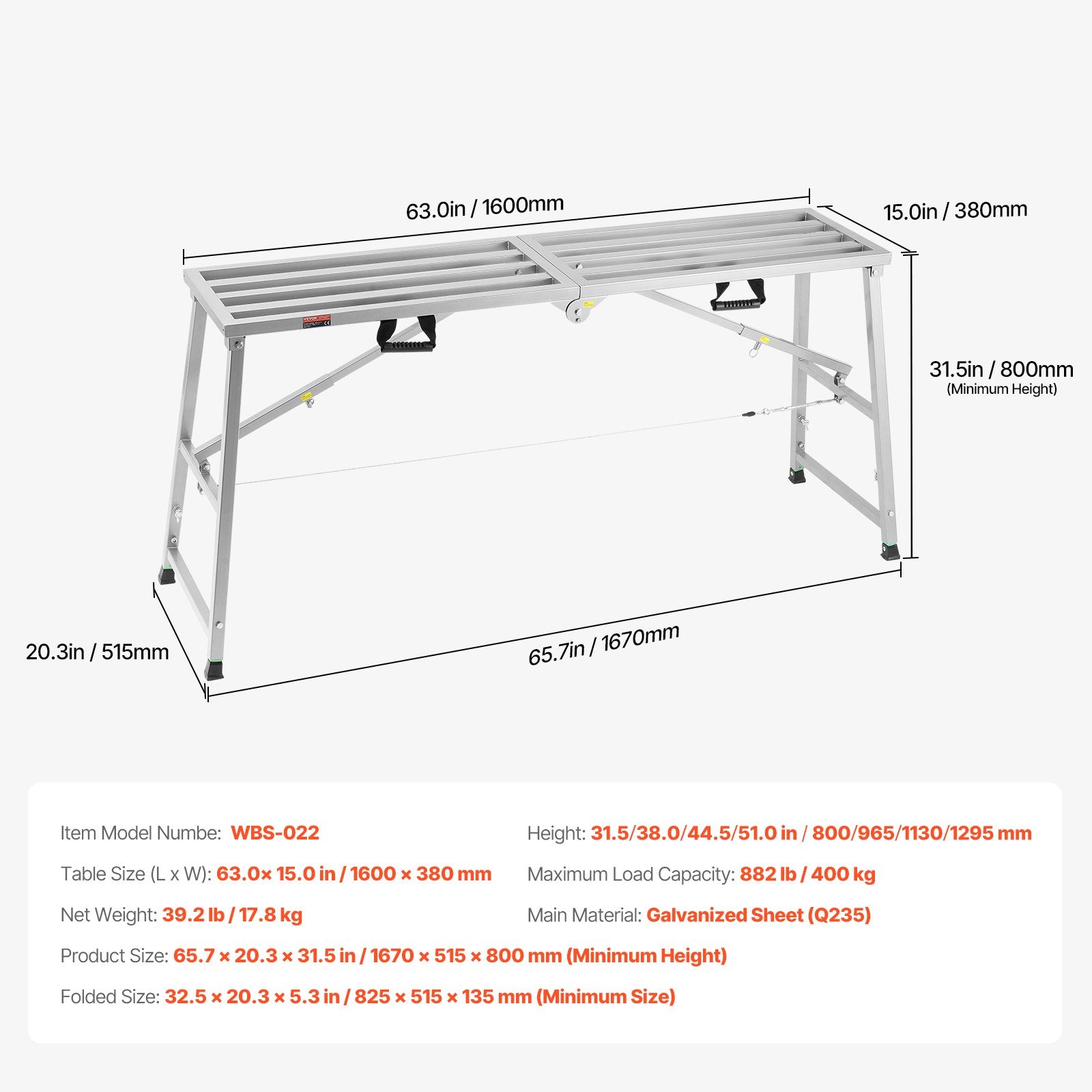 Darbinė platforma VEVOR WBS-022, 400 kg keliamoji galia