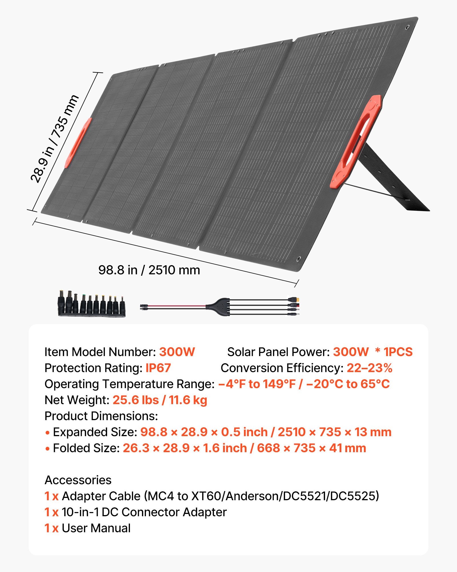 Sulankstoma monokristalinė saulės baterija VEVOR 300W, 300W galia