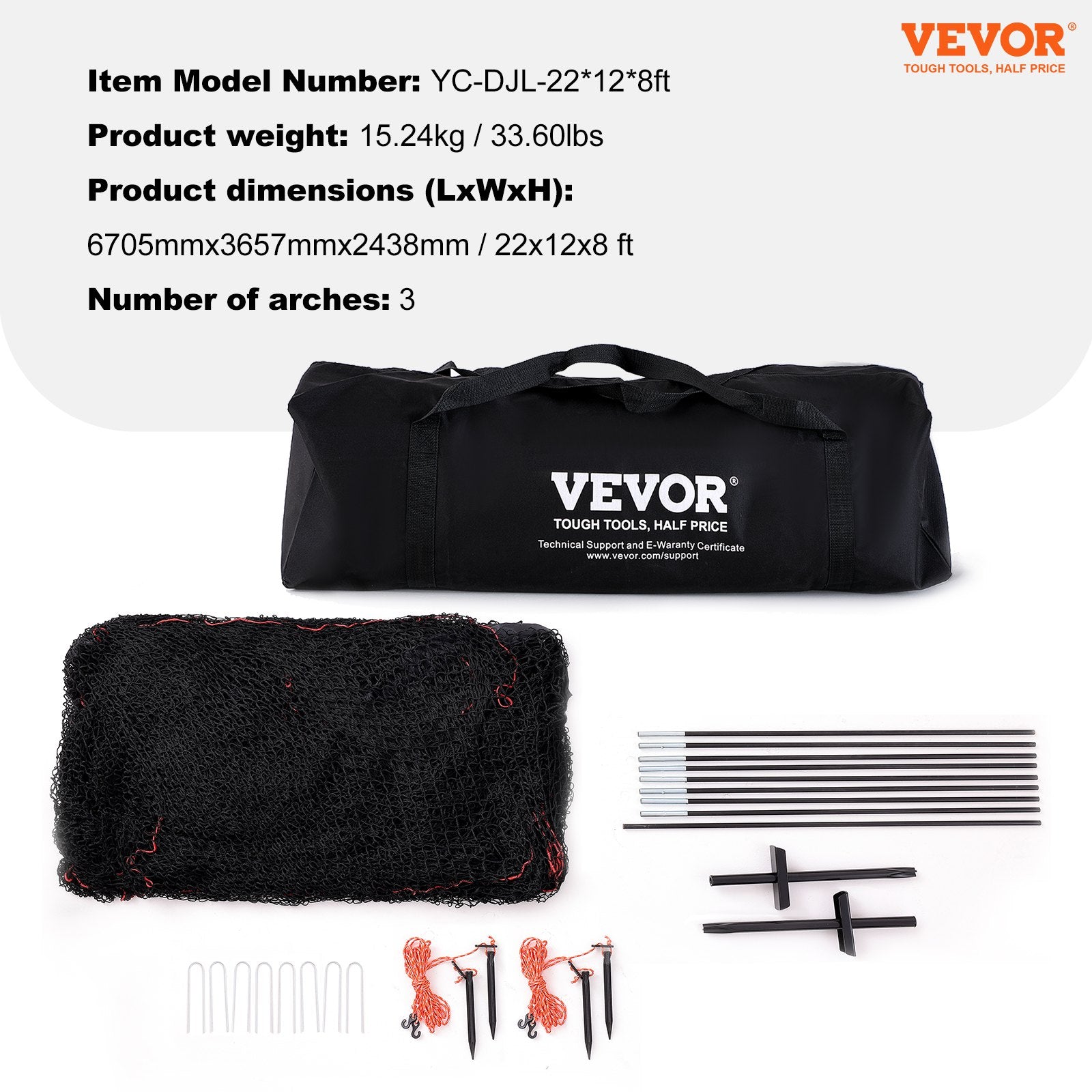 Beisbolo treniruočių narvas VEVOR YC-DJL-22*12*8ft, 6,7 m ilgio