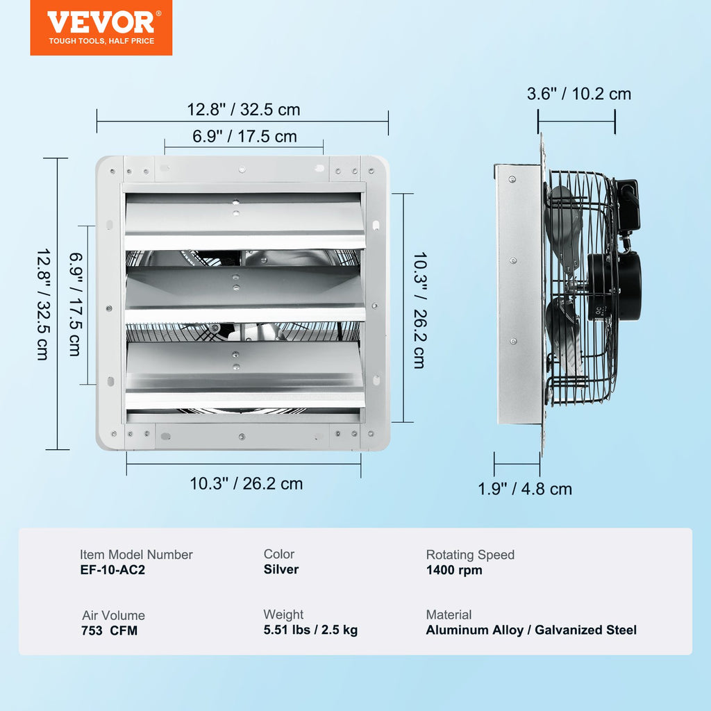 Ištraukimo ventiliatorius su žaliuzėmis VEVOR EF-10-AC2, 254 mm