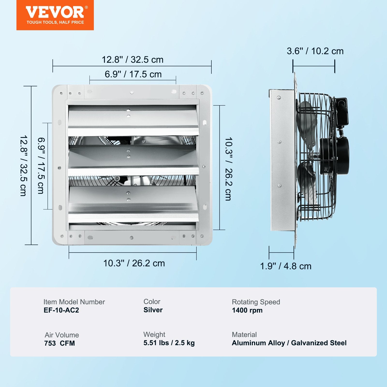 Ištraukimo ventiliatorius su žaliuzėmis VEVOR EF-10-AC2, 254 mm