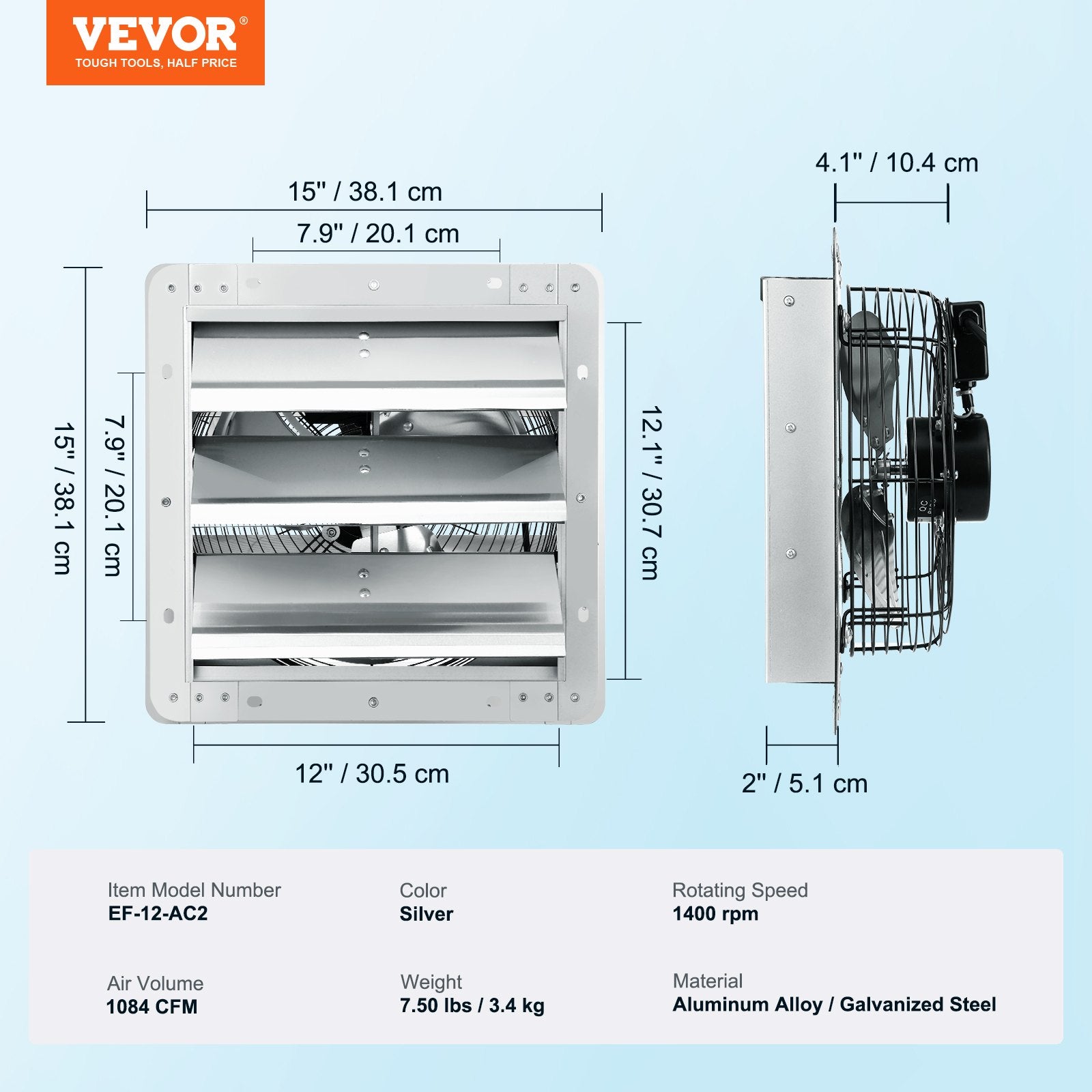 Ištraukiamasis ventiliatorius su žaliuzėmis VEVOR EF-12-AC2, 305 mm