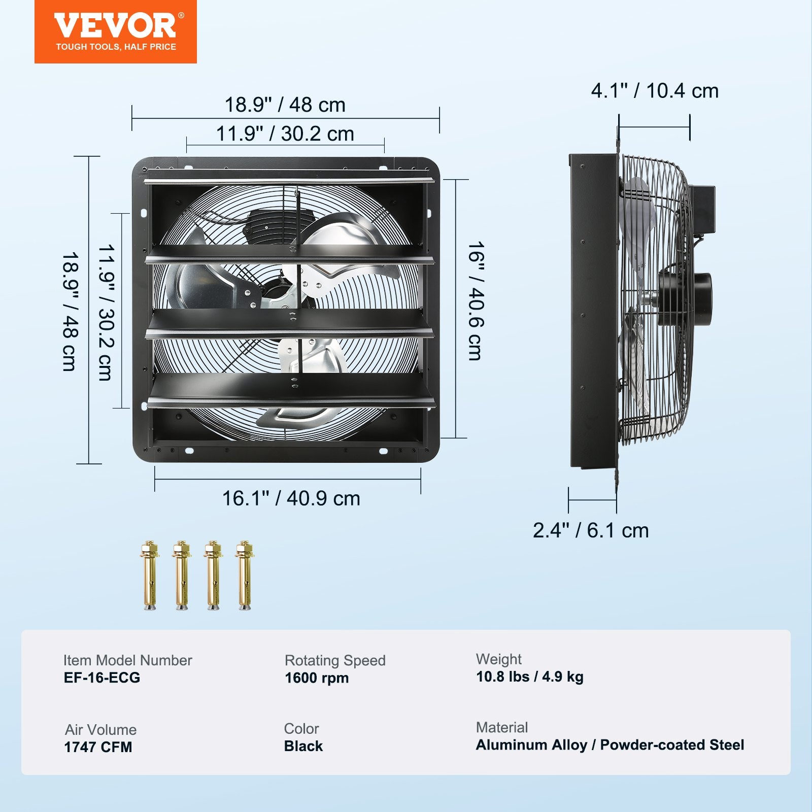 Sieninis ištraukimo ventiliatorius VEVOR EF-16-ECG, 406 mm