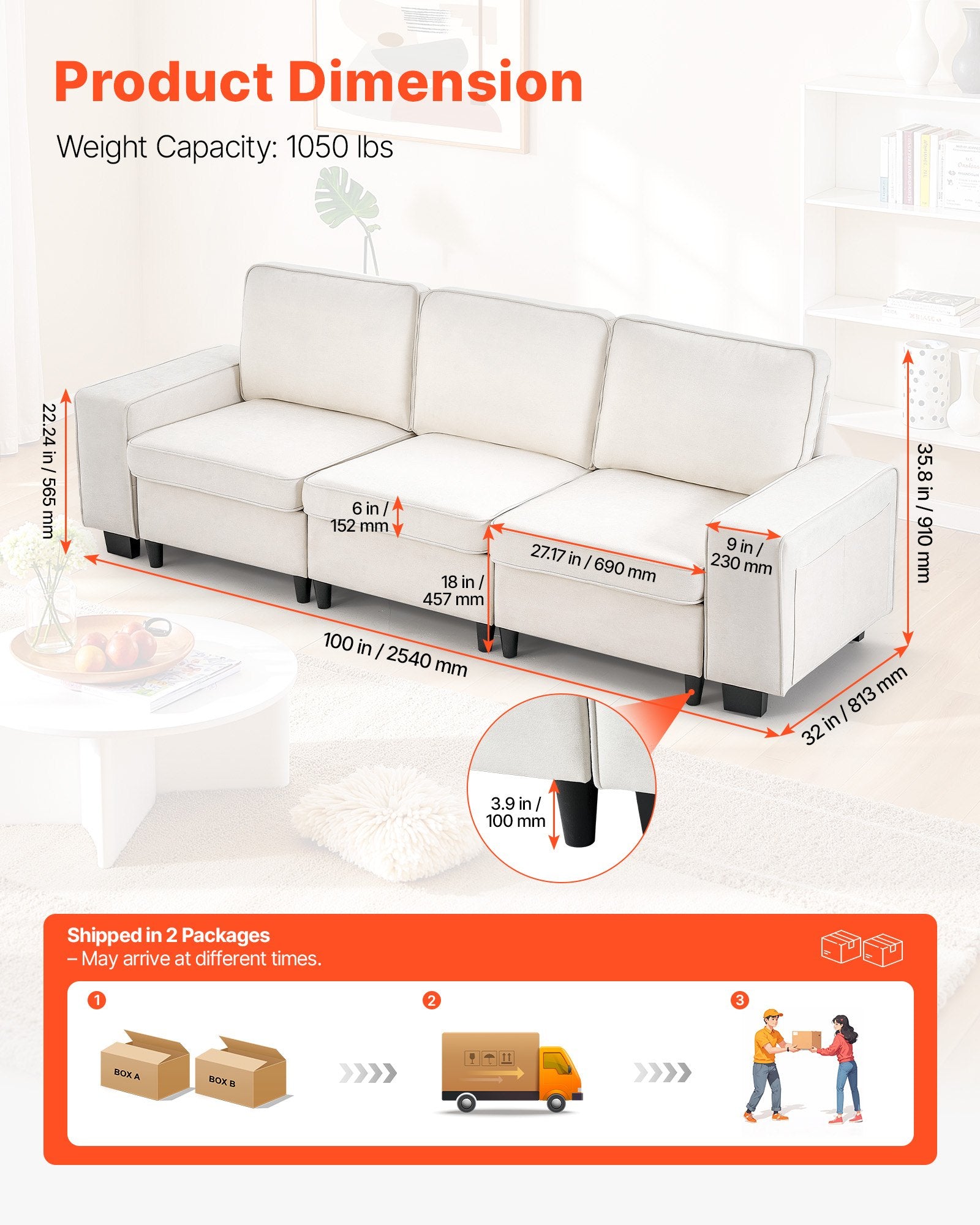 Trijų vietų sofa VEVOR GDS0250CA-3, 2540 mm