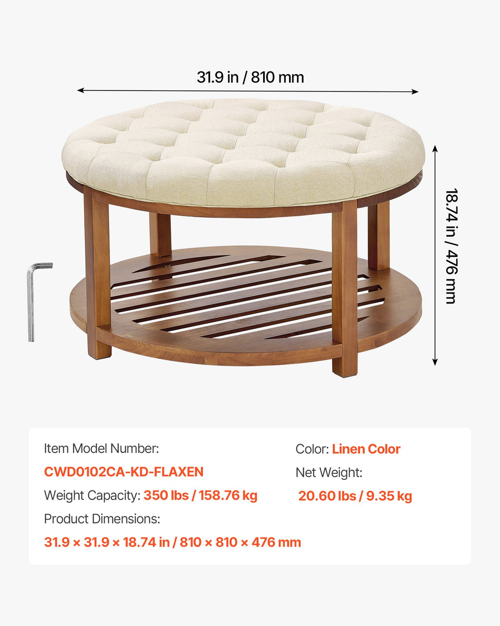 Apvalus pufas-kavos staliukas VEVOR CWD0102CA-KD-FLAXEN, 81 cm