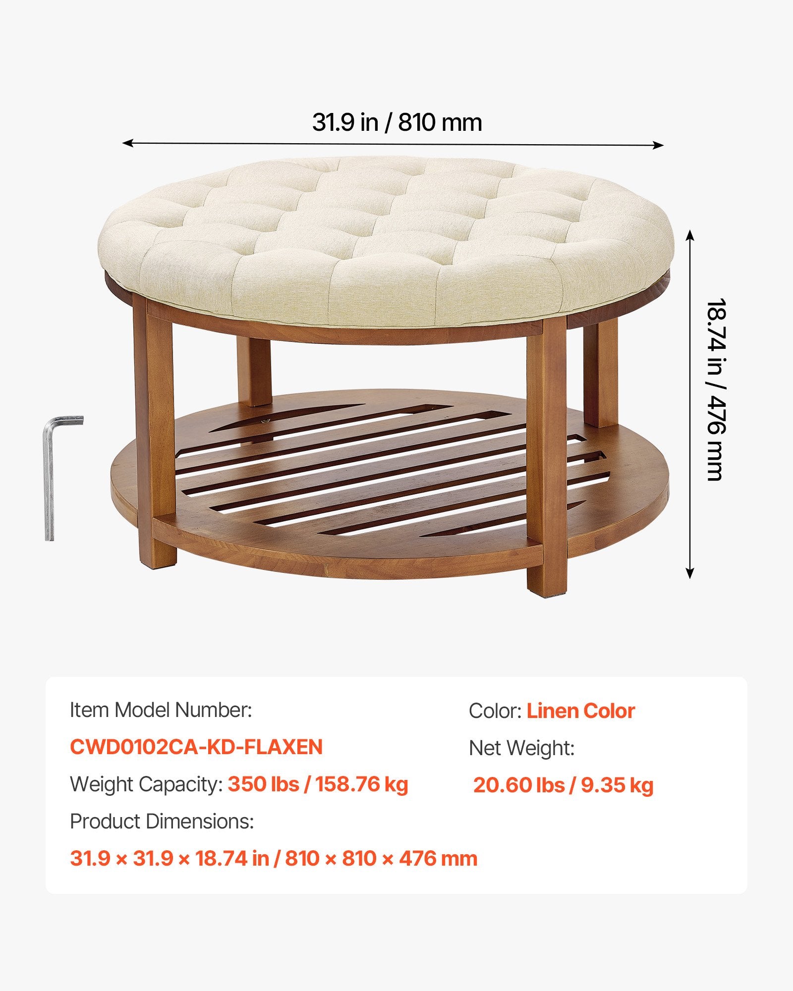 Apvalus pufas-kavos staliukas VEVOR CWD0102CA-KD-FLAXEN, 81 cm