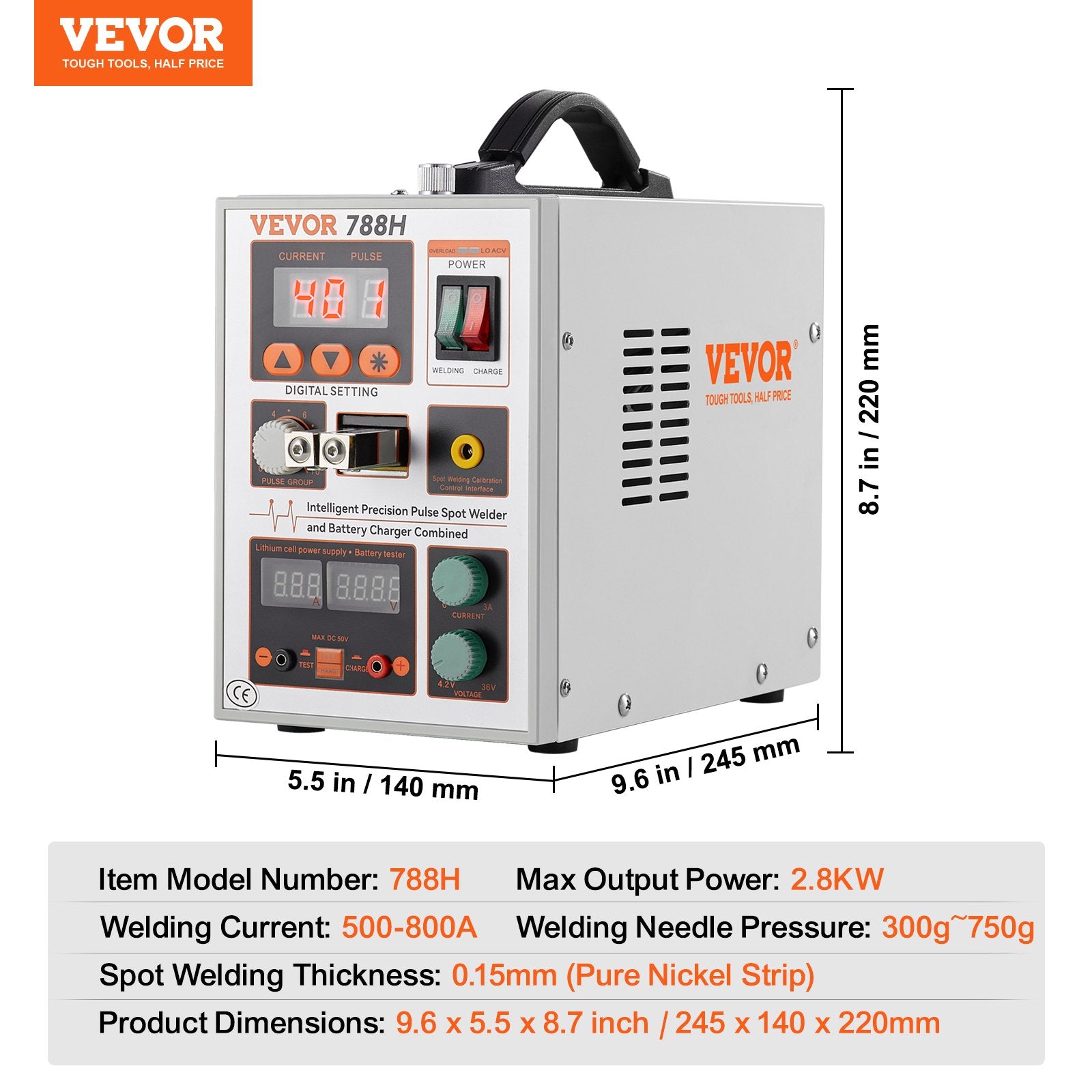 Akumuliatorių taškinio suvirinimo aparatas VEVOR 788H, 2.8 kW