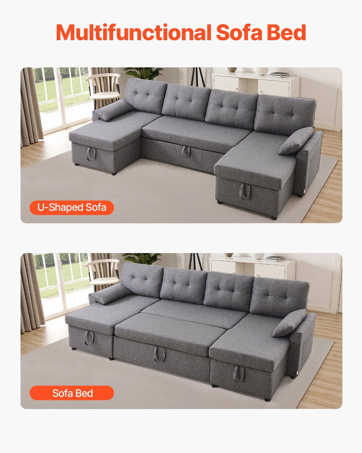 U formos sofa-lova VEVOR LW-0667-2T-11R-11L, 6 vietų su miegama funkcija