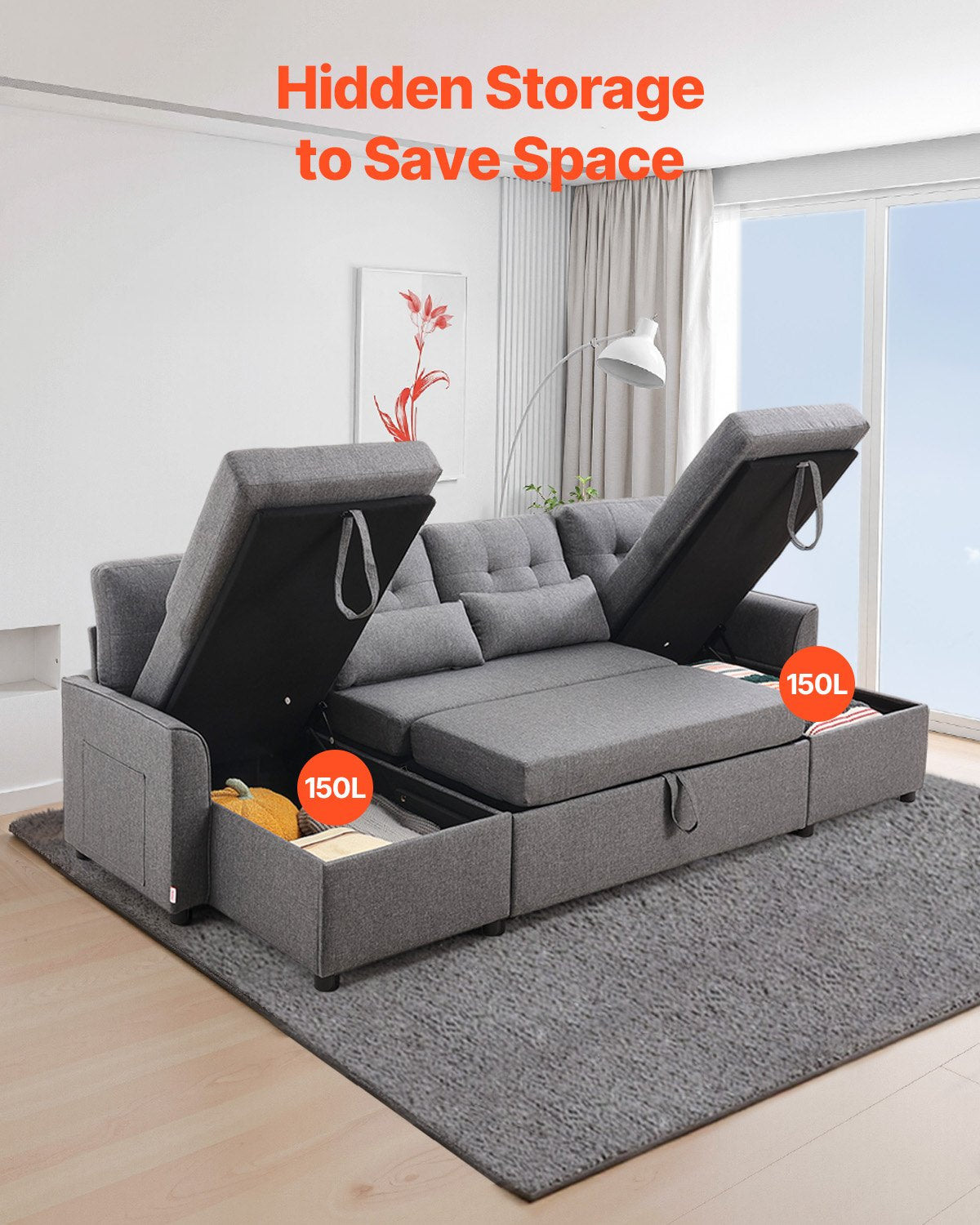 U formos sofa-lova VEVOR LW-0667-2T-11R-11L, 6 vietų su miegama funkcija