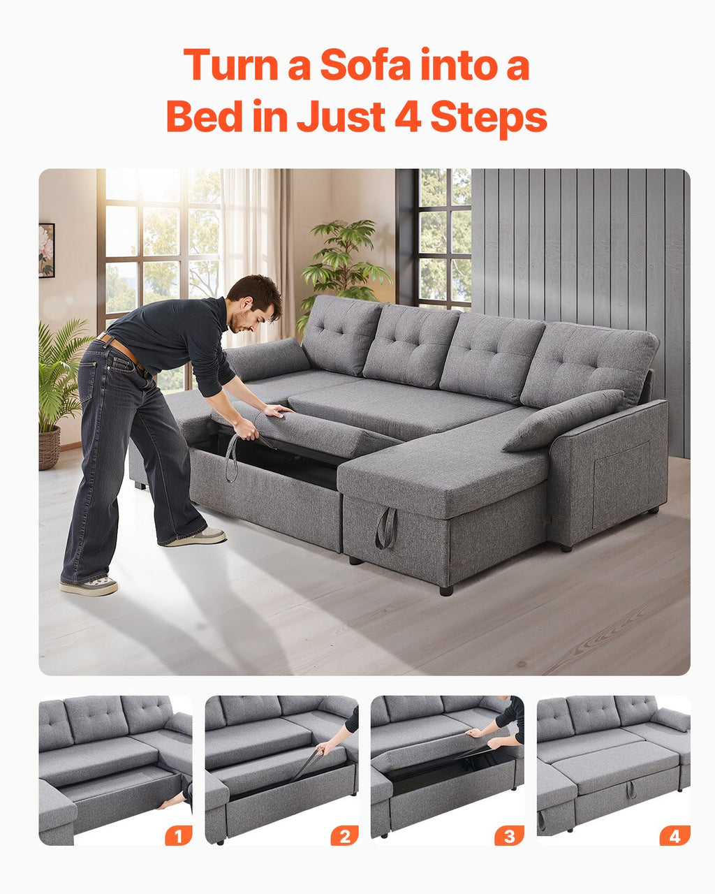 U formos sofa-lova VEVOR LW-0667-2T-11R-11L, 6 vietų su miegama funkcija