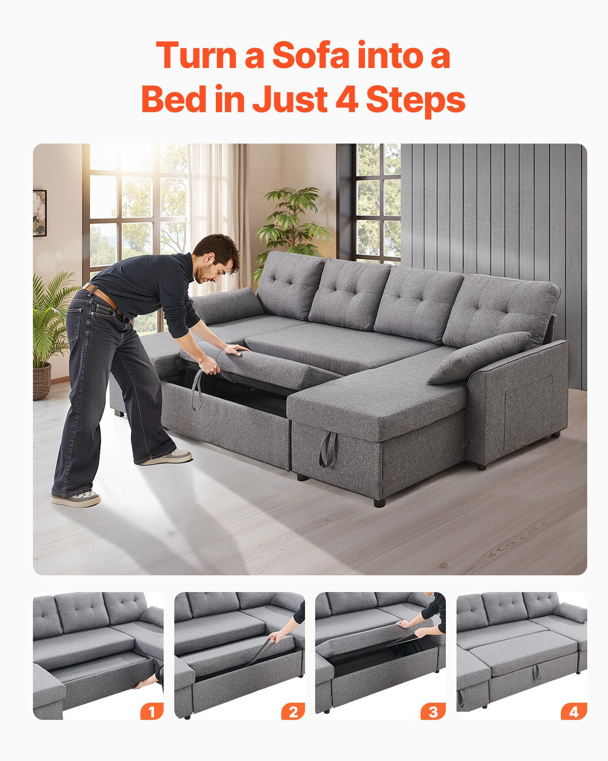 U formos sofa-lova VEVOR LW-0667-2T-11R-11L, 6 vietų su miegama funkcija