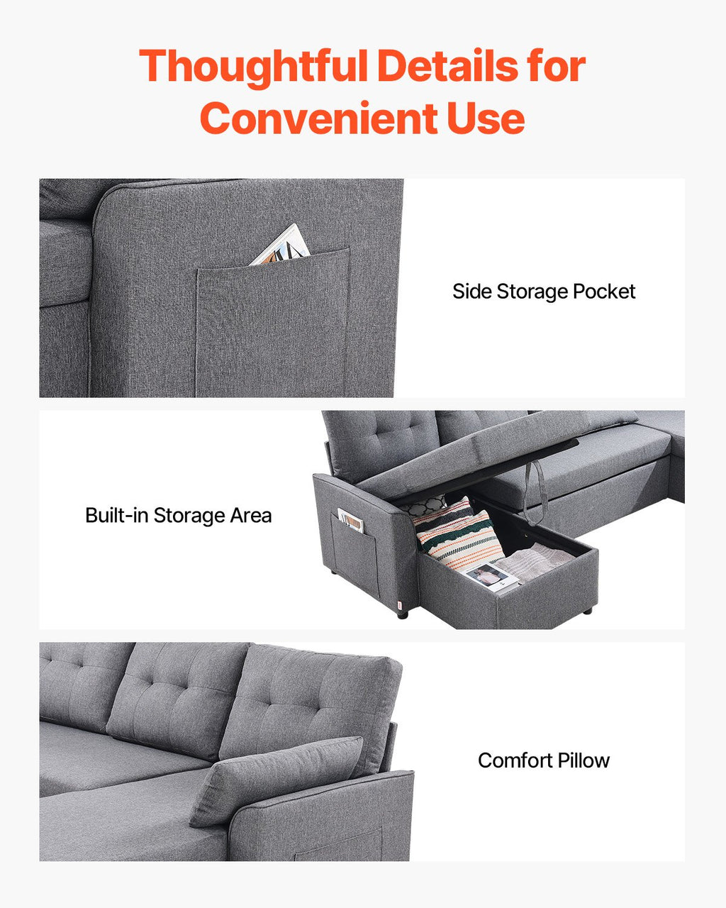 U formos sofa-lova VEVOR LW-0667-2T-11R-11L, 6 vietų su miegama funkcija