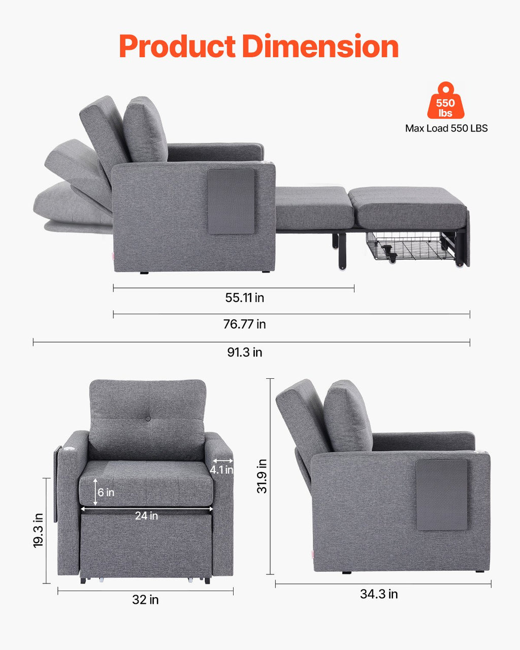 Sofa-lova VEVOR LW-0666-1, 5 reguliuojamos padėtys