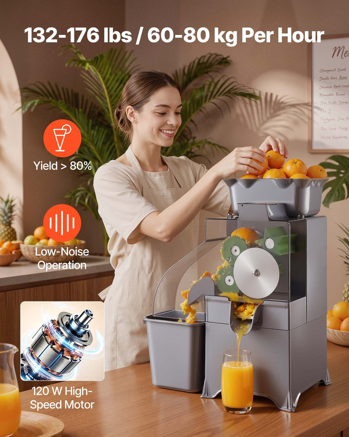 Komercinė apelsinų sulčiaspaudė VEVOR NS2000E-6, 100W