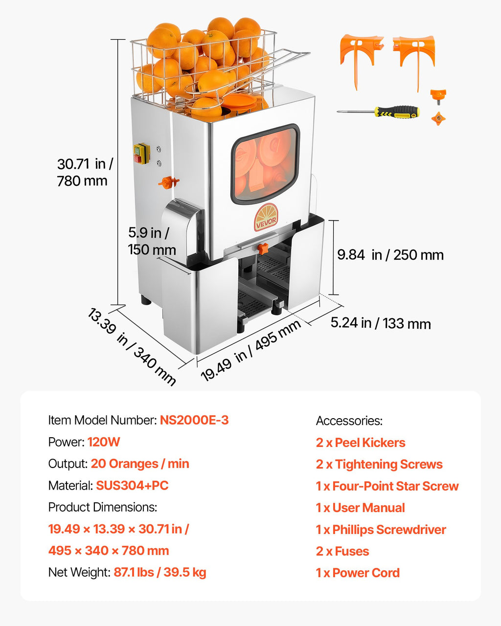 Komercinė apelsinų sulčiaspaudė VEVOR NS2000E-3, 120W