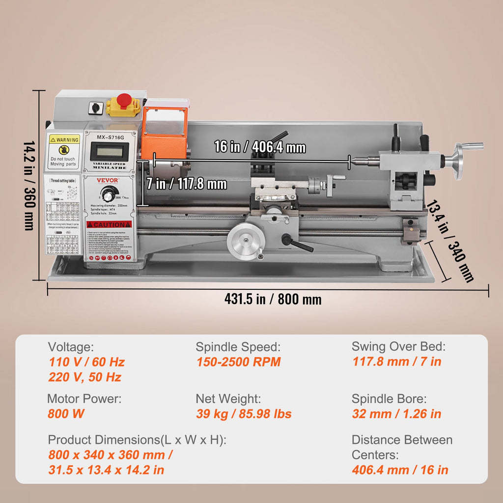 Mini metalo tekinimo staklės VEVOR MX-S716G, 800W