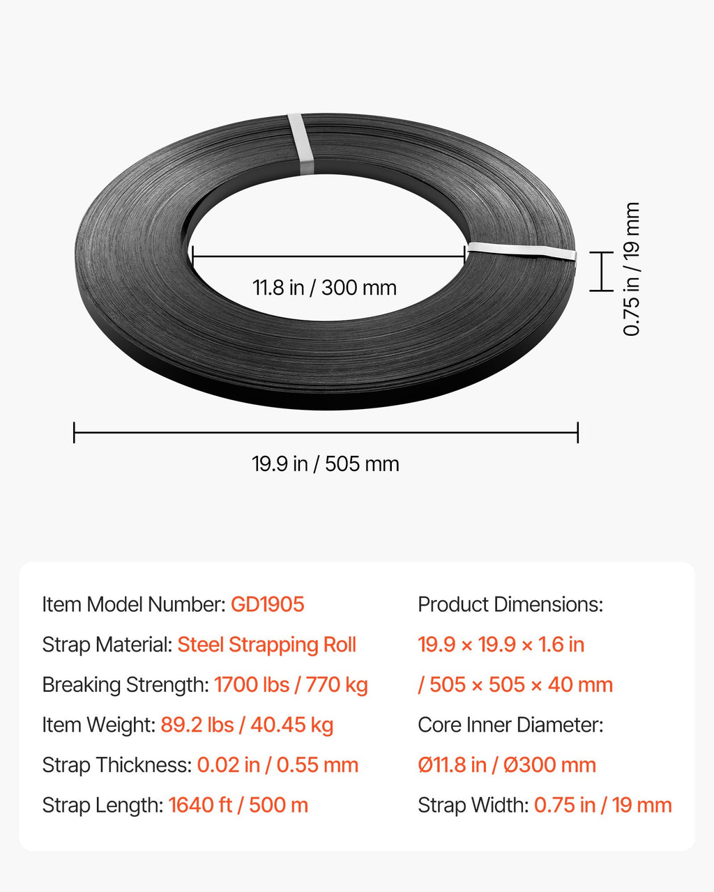 Plieninė pakavimo juosta VEVOR GD1905, 19 mm x 500 m