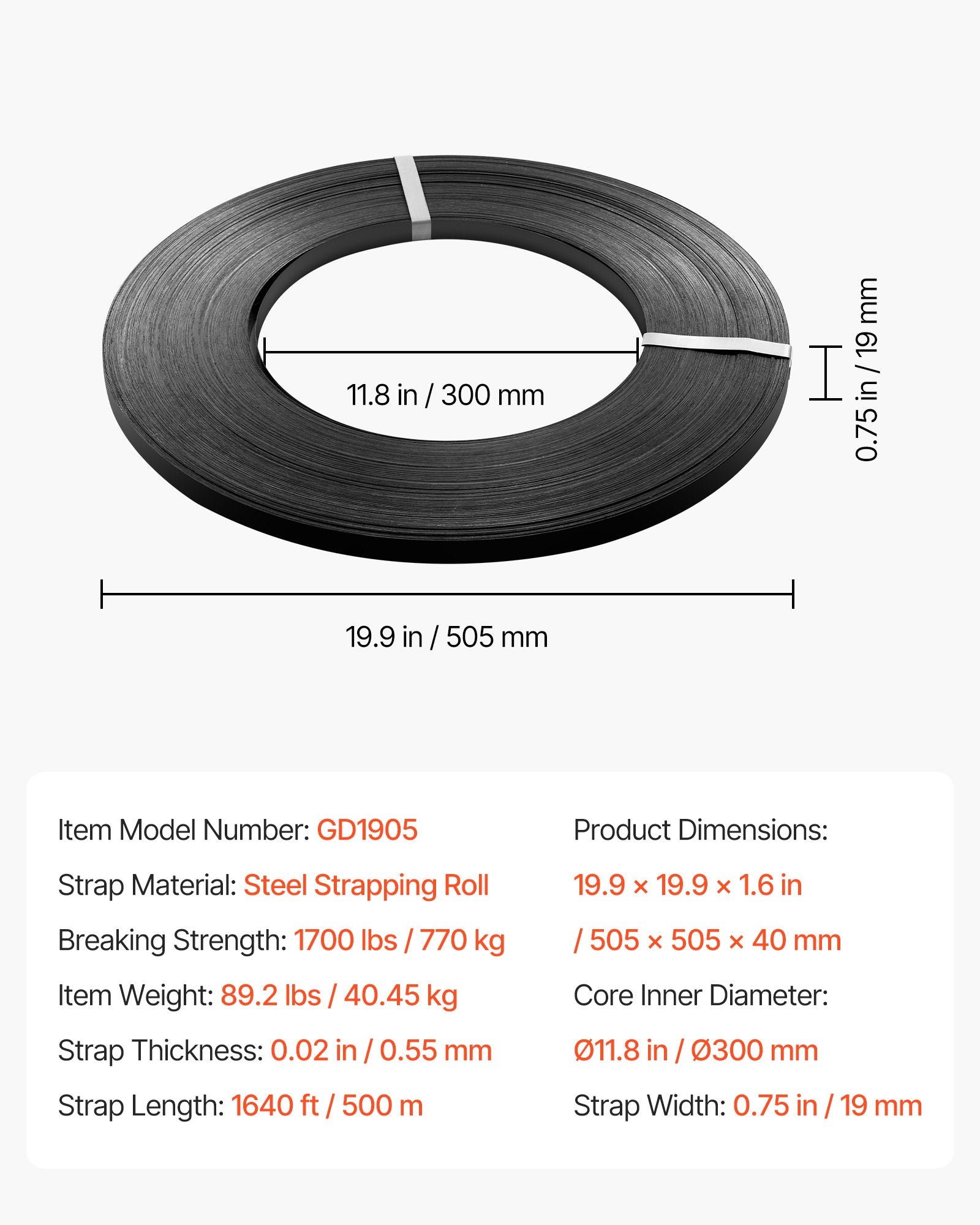 Plieninė pakavimo juosta VEVOR GD1905, 19 mm x 500 m