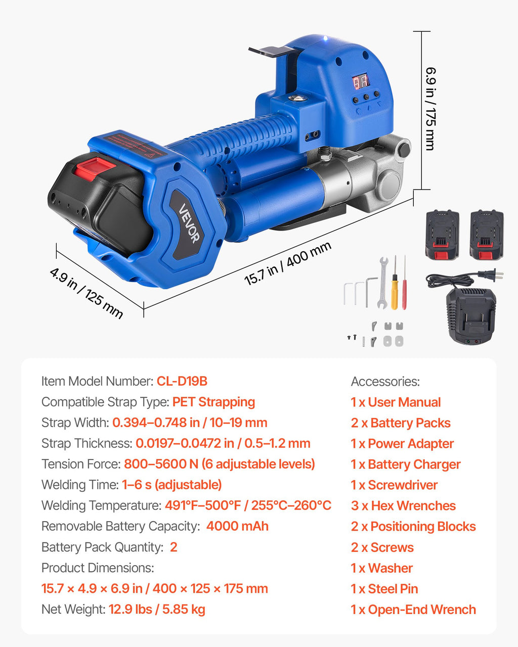 Elektrinis rišimo įrankis VEVOR CL-D19B, 10–19 mm juostoms