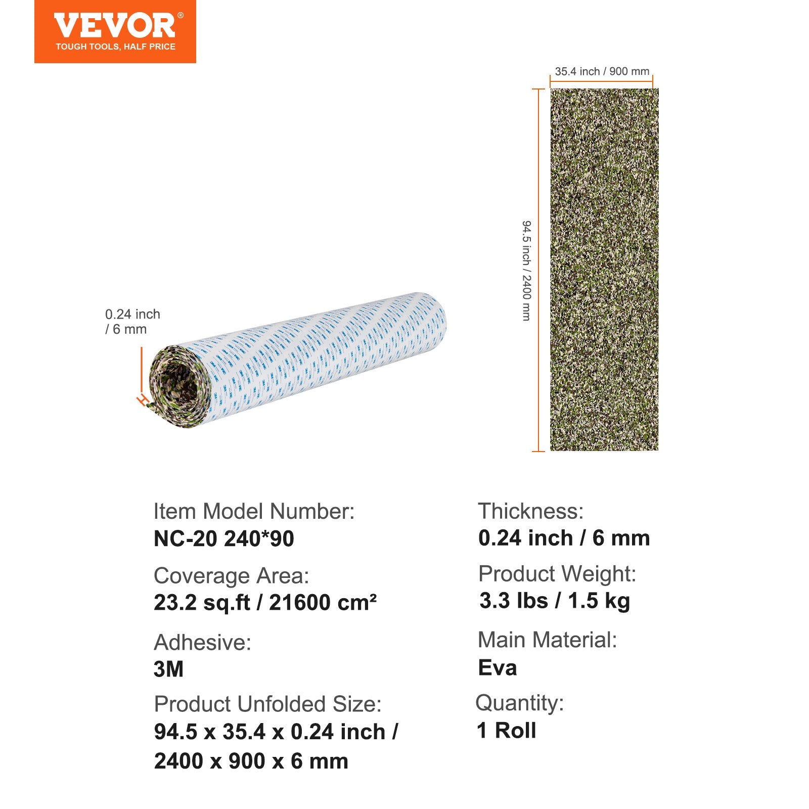 Valties grindų danga VEVOR NC-20, 240 x 90 cm